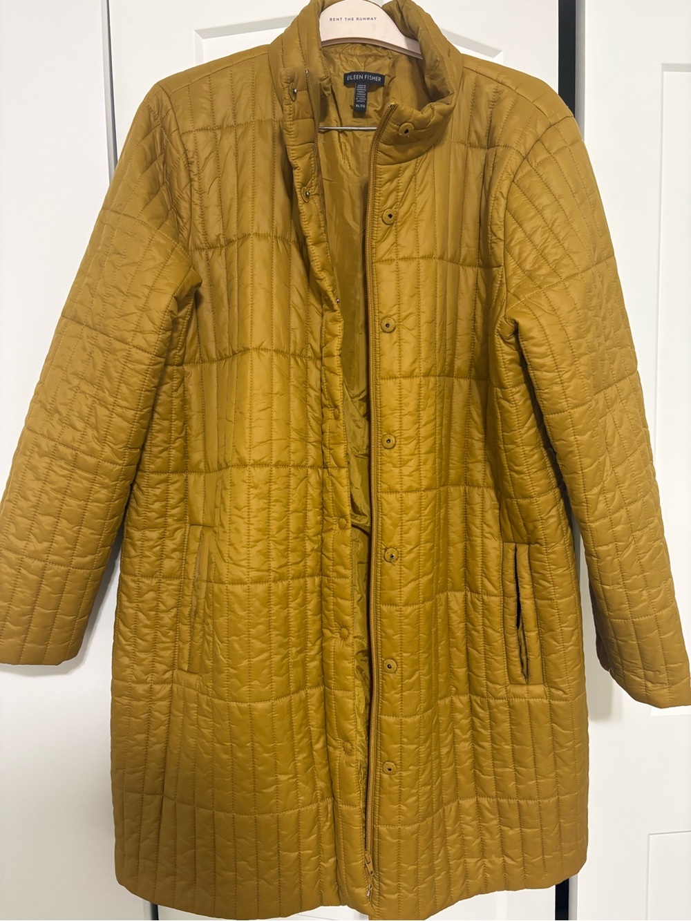 Eileen Fisher Quilted Long Puffer Coat in Mustard Gold